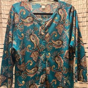 Garnet Hill Teal Paisley  Button-Front Cardigan, 100% Merino Wool - soft & light